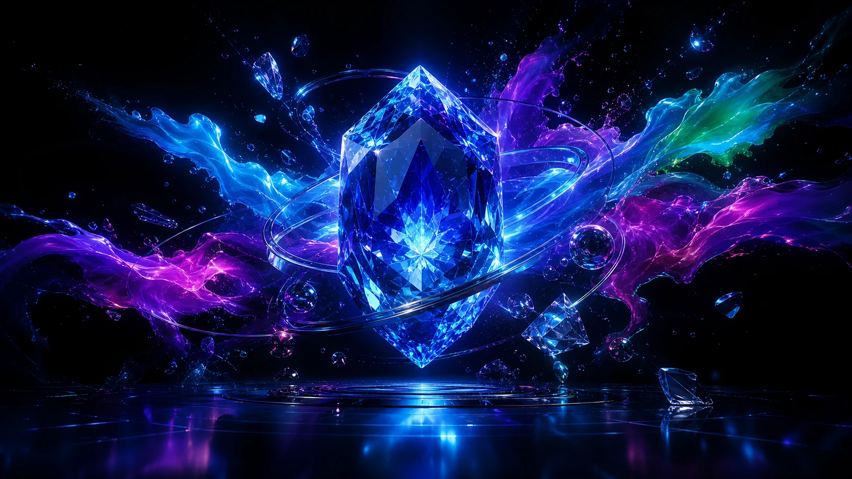 A monumental Sapphire AI core surrounded by luminous energy and orbital rings